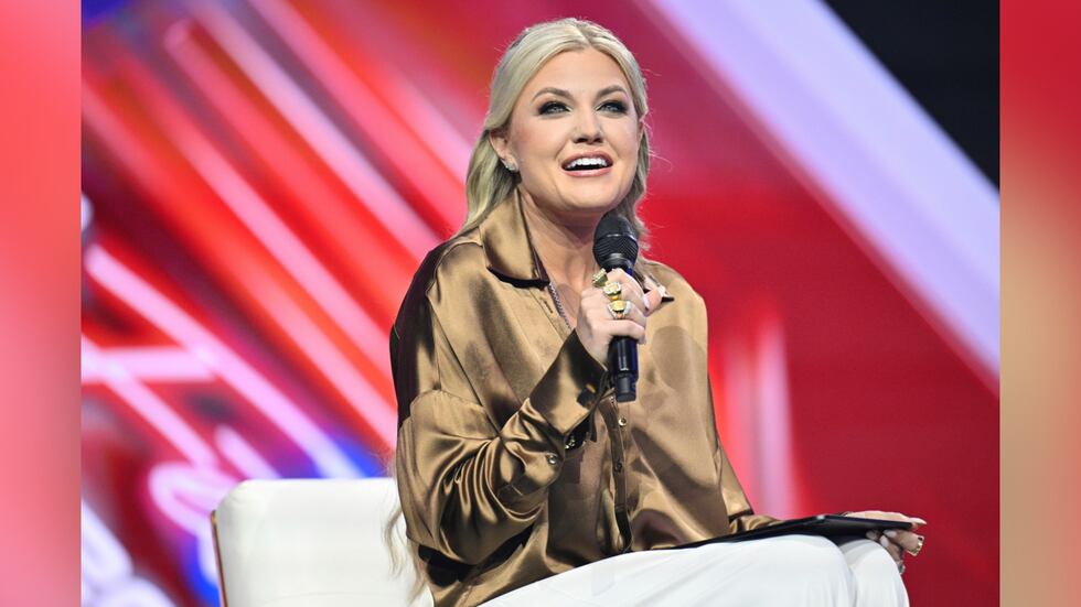 FILE -- Erika Kirk speaks during Turning Point USA's AmericaFest 2025, Sunday, Dec. 21, 2025,...