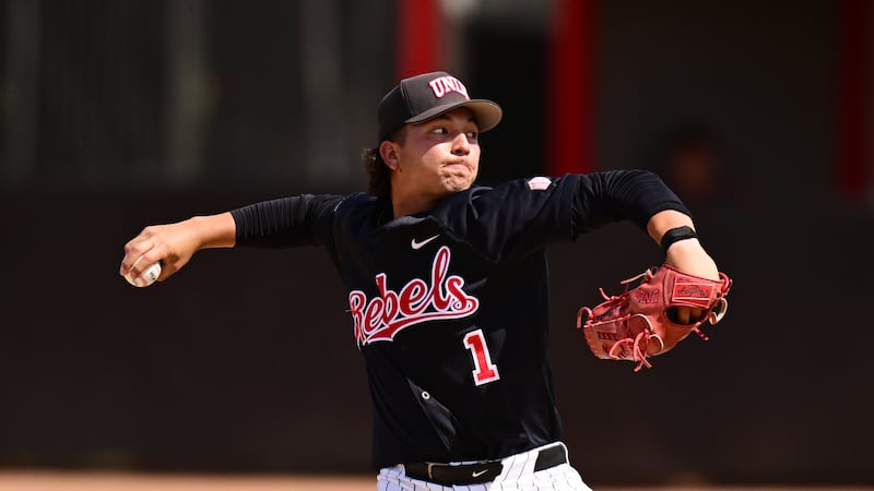 UNLV pitcher Jase Evangelista (1) during an NCAA baseball game on Friday, April 19, 2026, in...