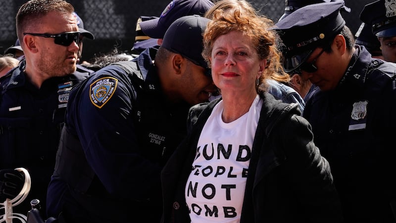 Susan Sarandon, center, and other demonstrators are arrested ahead of Israeli Prime Minister...