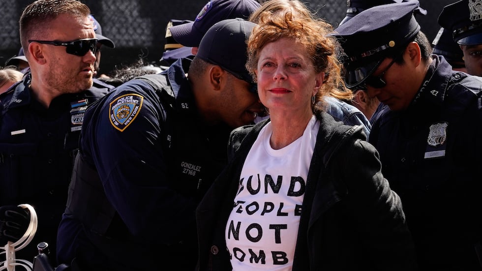 Susan Sarandon, center, and other demonstrators are arrested ahead of Israeli Prime Minister...