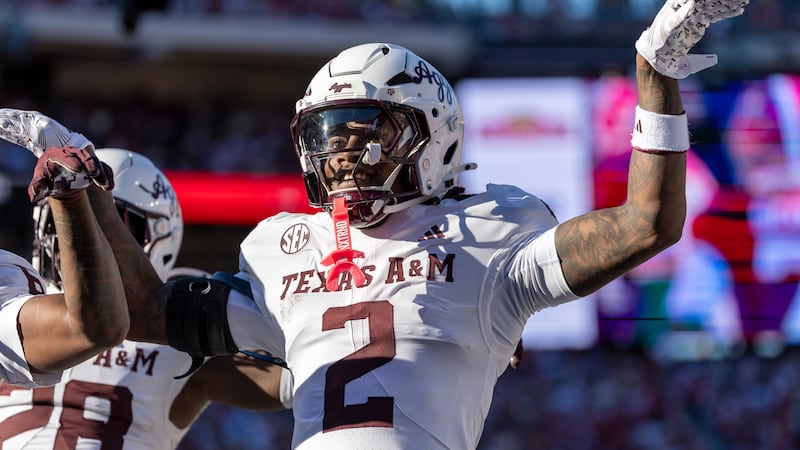 Texas A&M cornerback Dezz Ricks (2) celebrates after his interception against Alabama during...