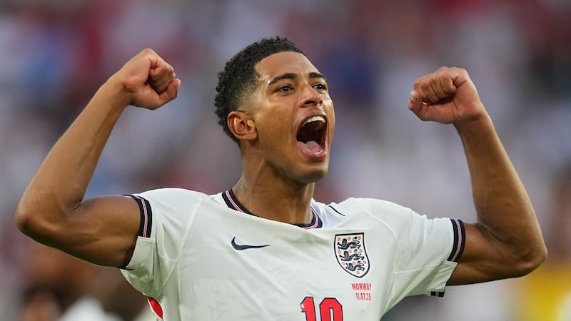 Jude Bellingham celebrates England's victory over Norway in a World Cup quarterfinal soccer...