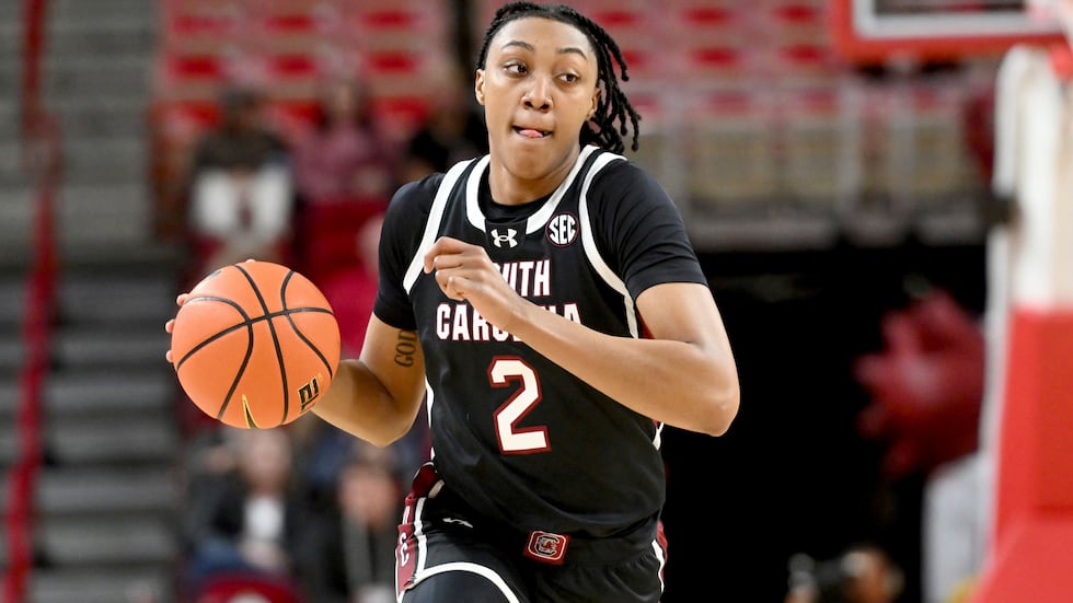 FILE - South Carolina forward Ashlyn Watkins brings the ball up against Arkansas during the...