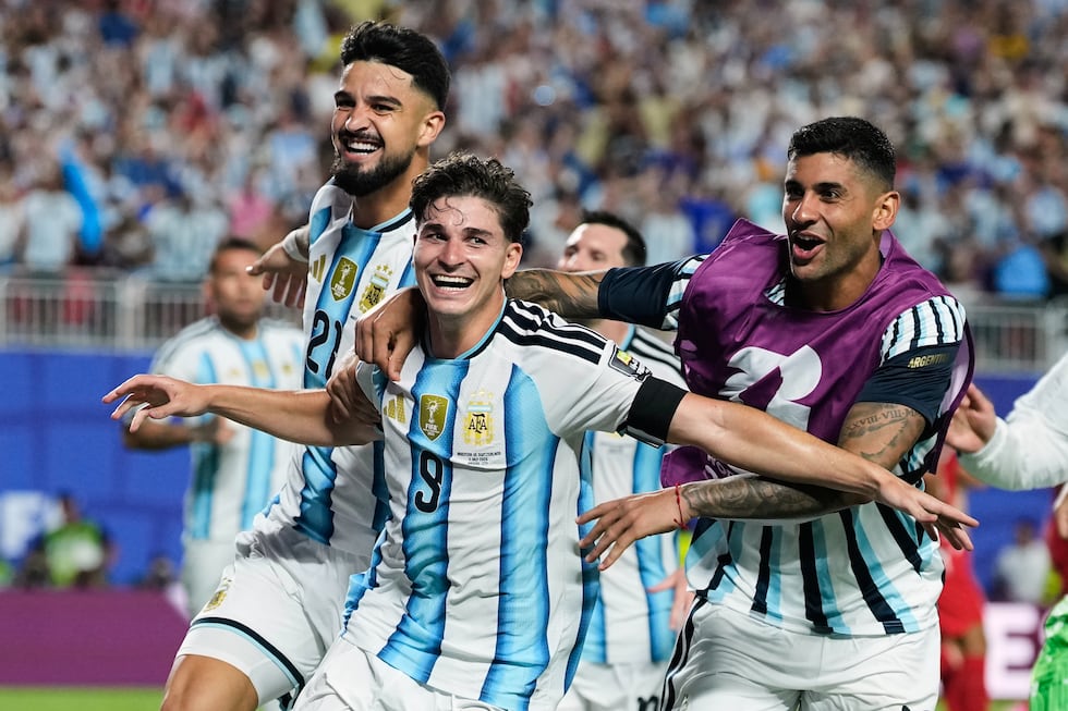 Argentina's Julian Alvarez (9) celebrates after scoring his side's second goal during the...