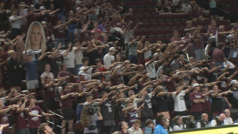 Texas A&M student section celebrates a block in the Aggies' 3-0 sweep of Stephen F. Austin.