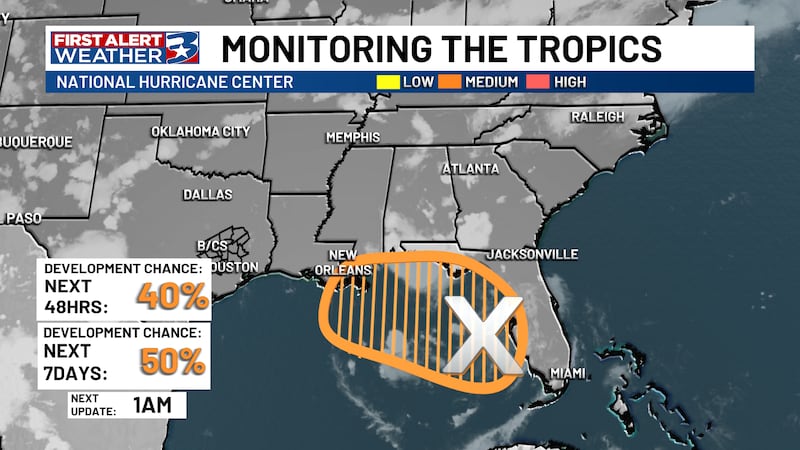 Strong thunderstorms over the eastern Gulf, with medium potential for tropical formation.