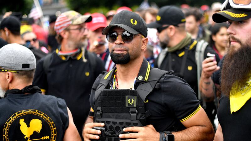 FILE - Proud Boys chairman Enrique Tarrio rallies in Portland, Ore., on Aug. 17, 2019. A...
