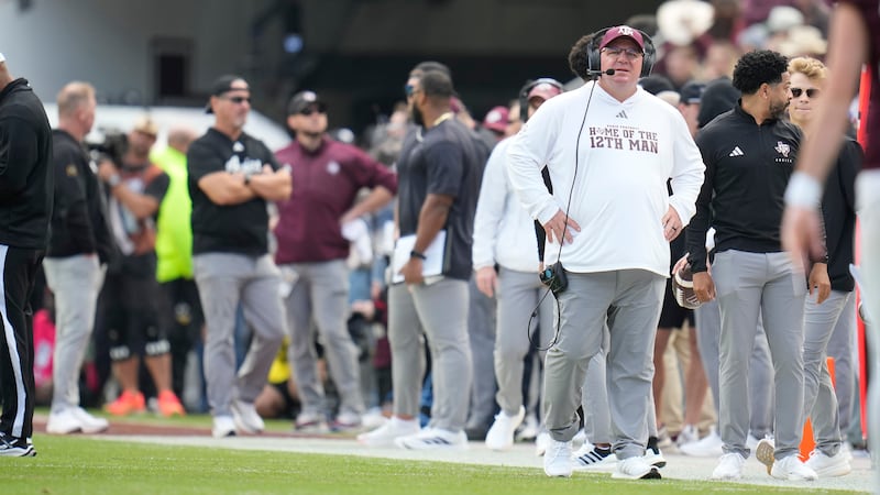 Texas A&M head coach Mike Elko on the sidelines against Miami during the first half of the...