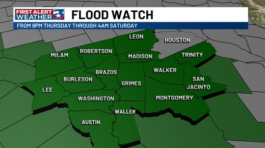 Flood Watch Issued for Majority of the Brazos Valley 2 Now including 15/16 Brazos Valley counties from Thursday 9 PM until 4 AM Saturday
