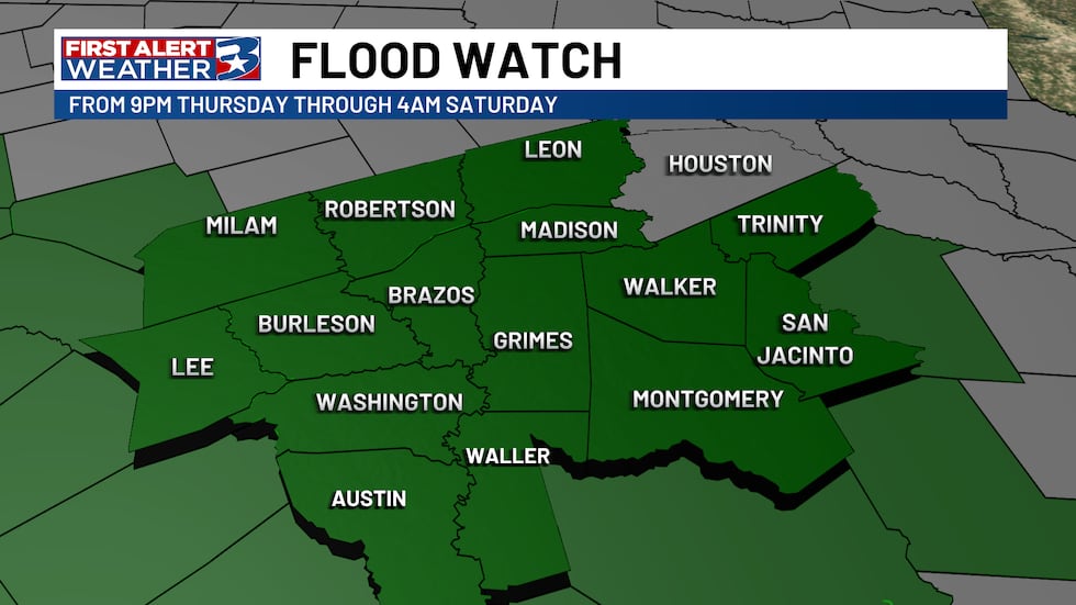 Now including 15/16 Brazos Valley counties from Thursday 9 PM until 4 AM Saturday