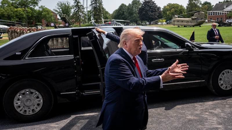 President Donald Trump arrives at the United States Army War College for the Pennsylvania...
